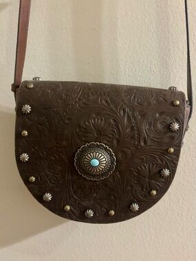 Brown Tooled Leather Crossbody Bag with Turquoise Accent